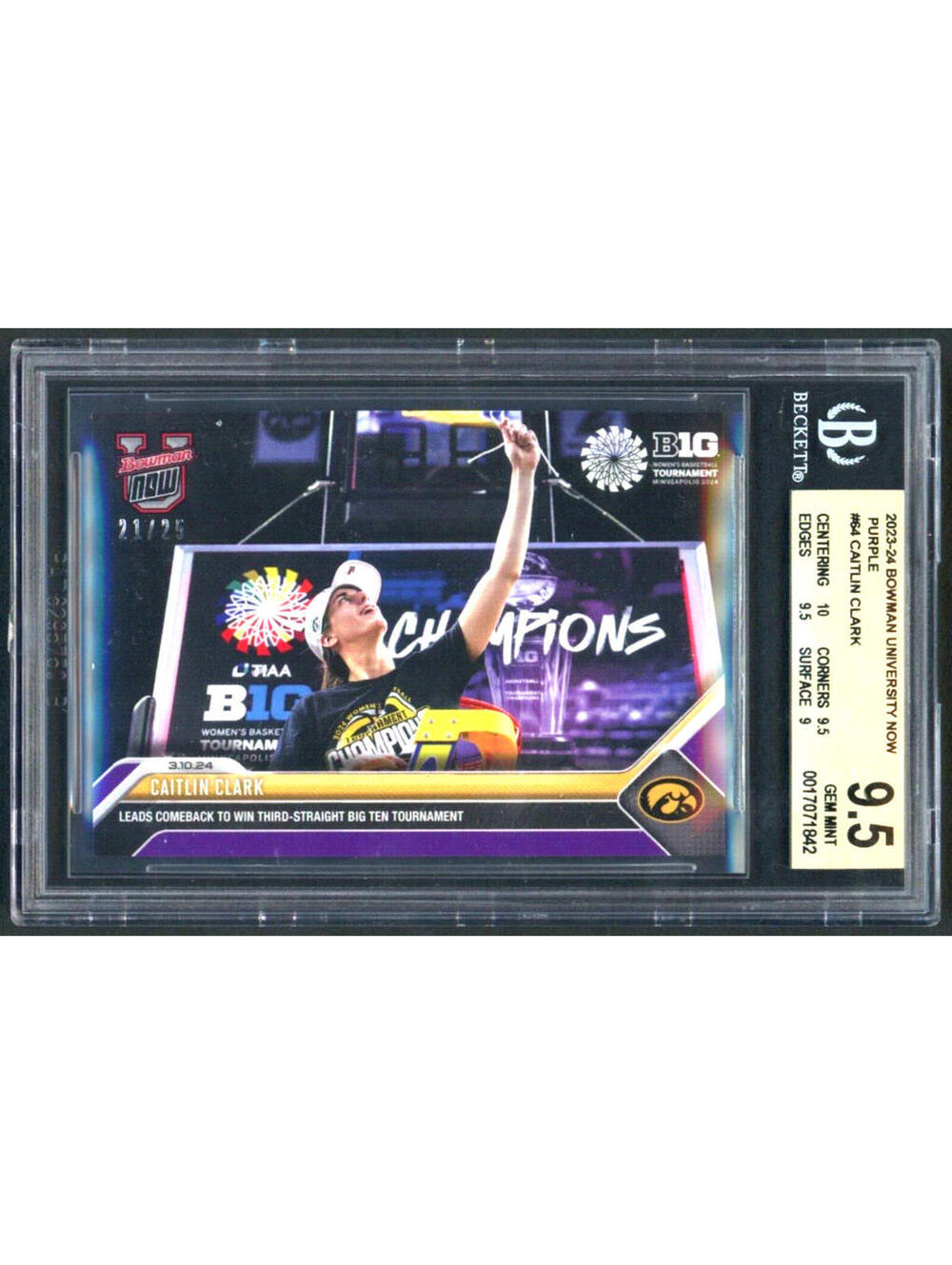 2023-2024 Bowman U Now 64 Caitlin Clark  Purple /25 BGS 9.5 Gem Mint